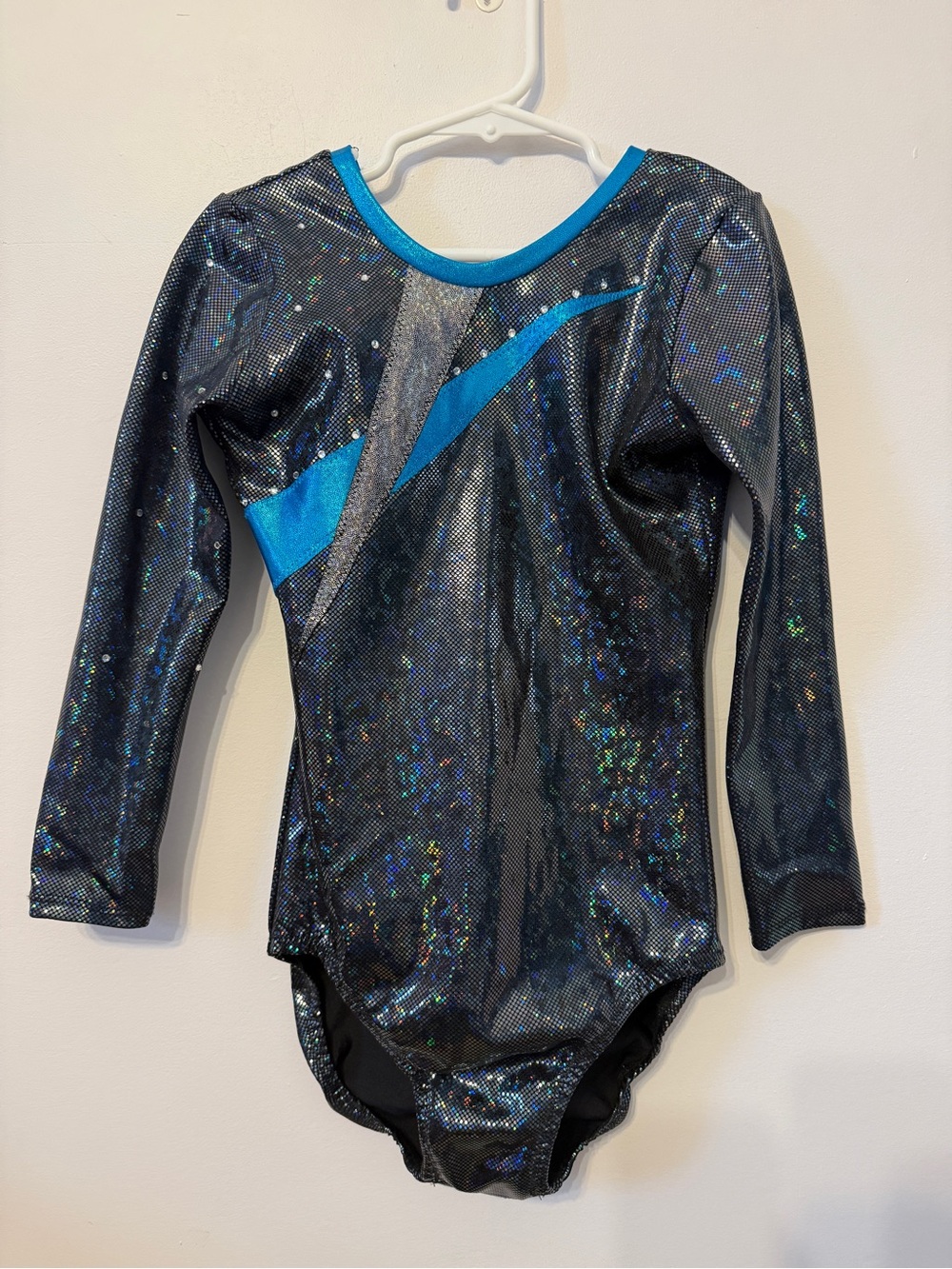 GYMGEAR Kids XLarge (12) Black Holographic Gymnastics Leotard with Teal Accents